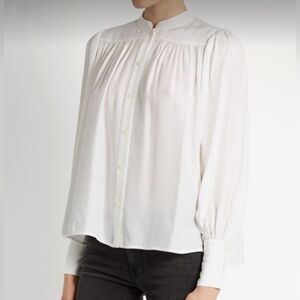 Frame Silk Sandwashed Silk Chloe Pleated Button Up Mandarin Collar Shirt S